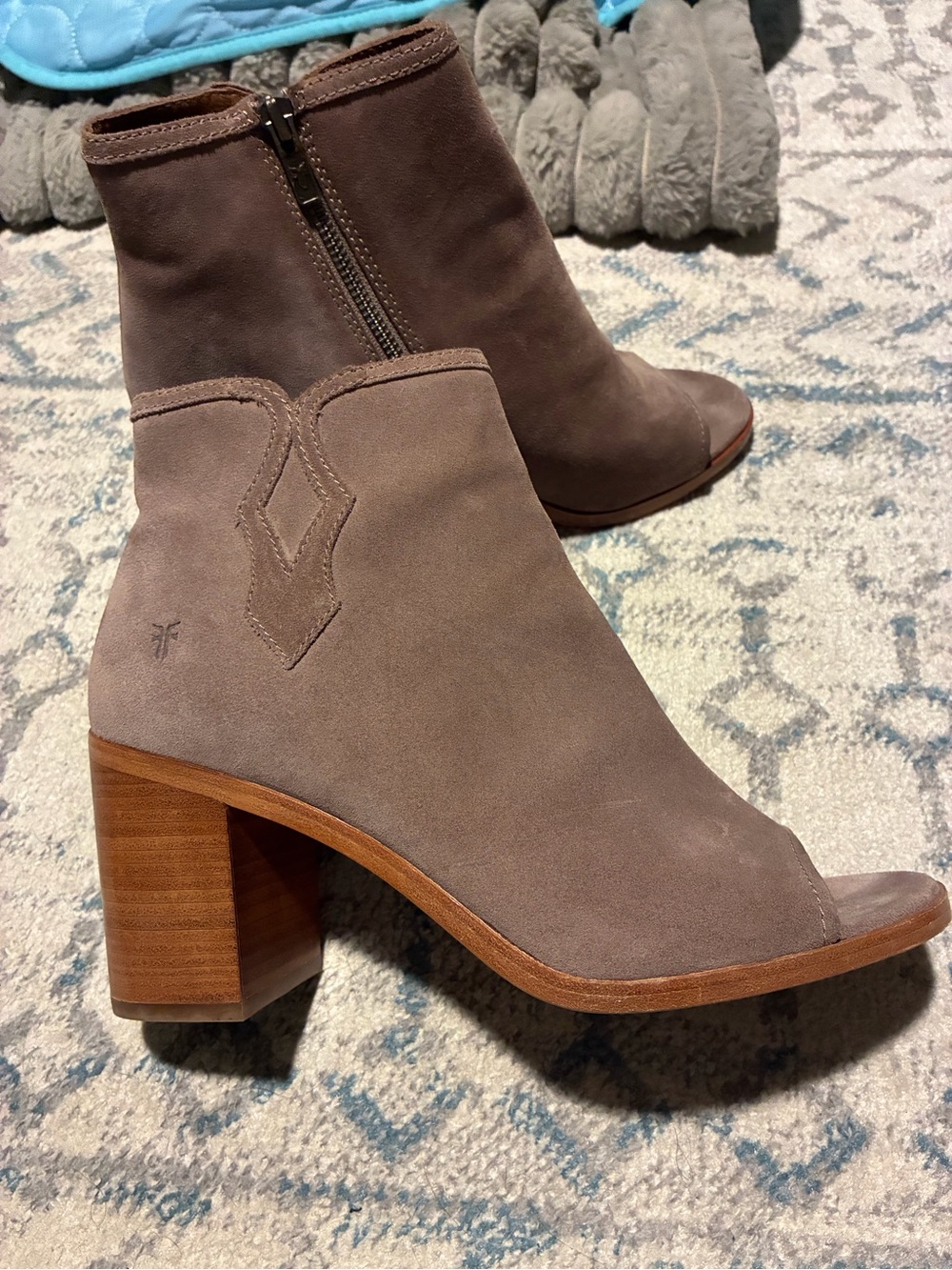 Frye Taupe Suede Peep-Toe Block Heel Ankle Boots